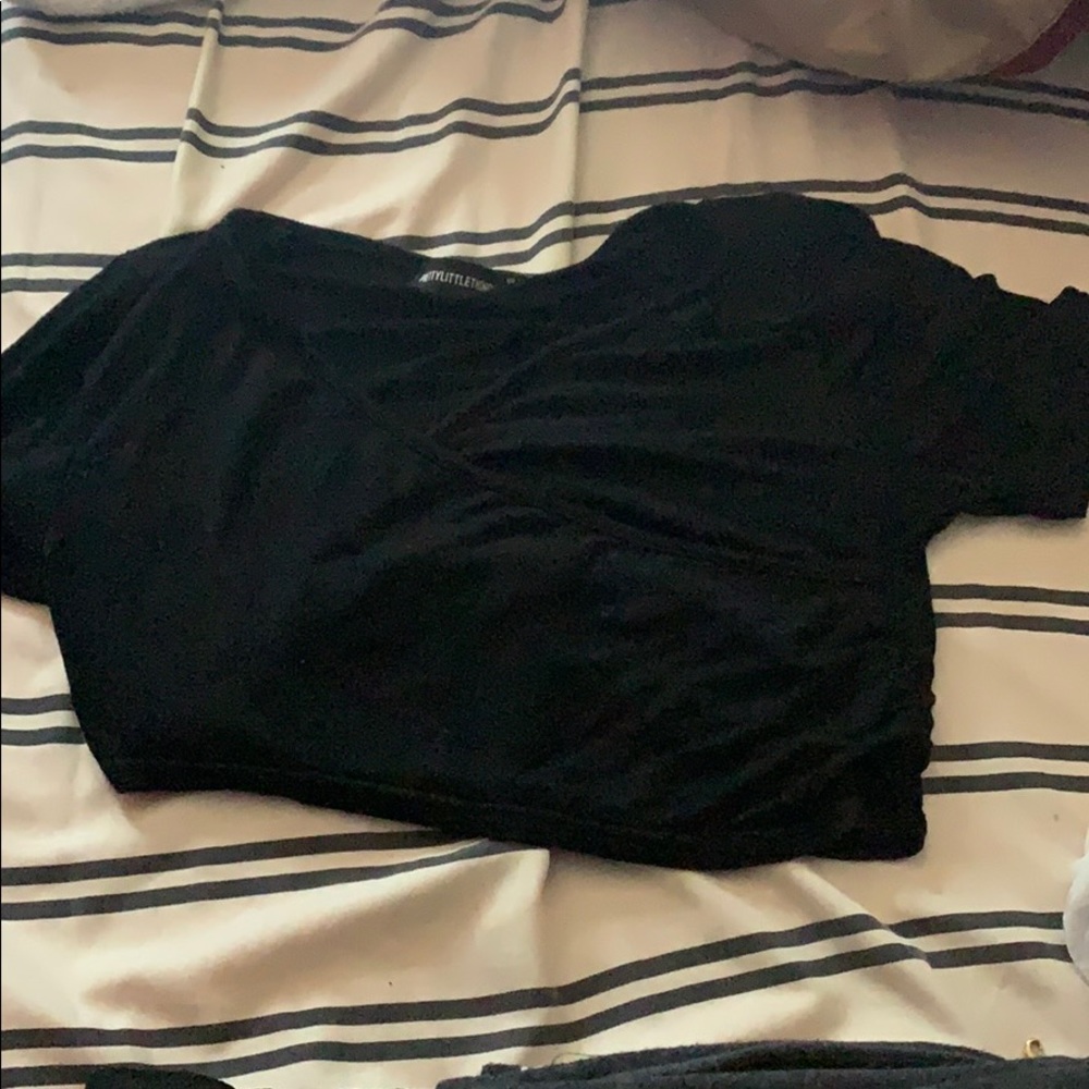Black jersey wrap short sleeve crop top